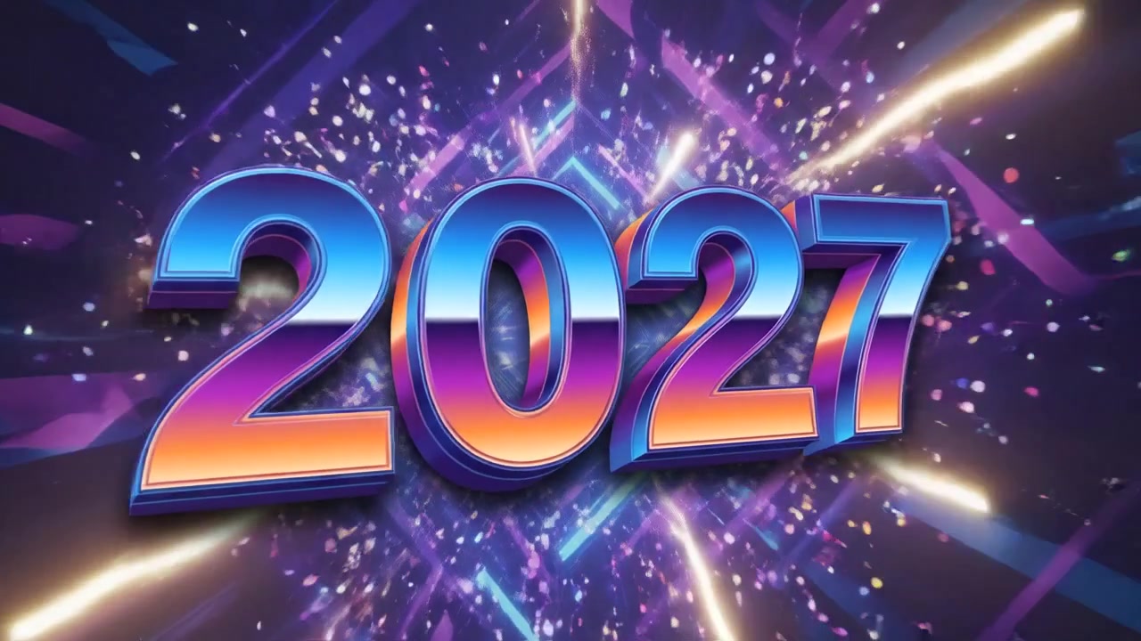 Numeri animati del Capodanno 2027 con scritte metalliche blu e rosse e sfondo scuro