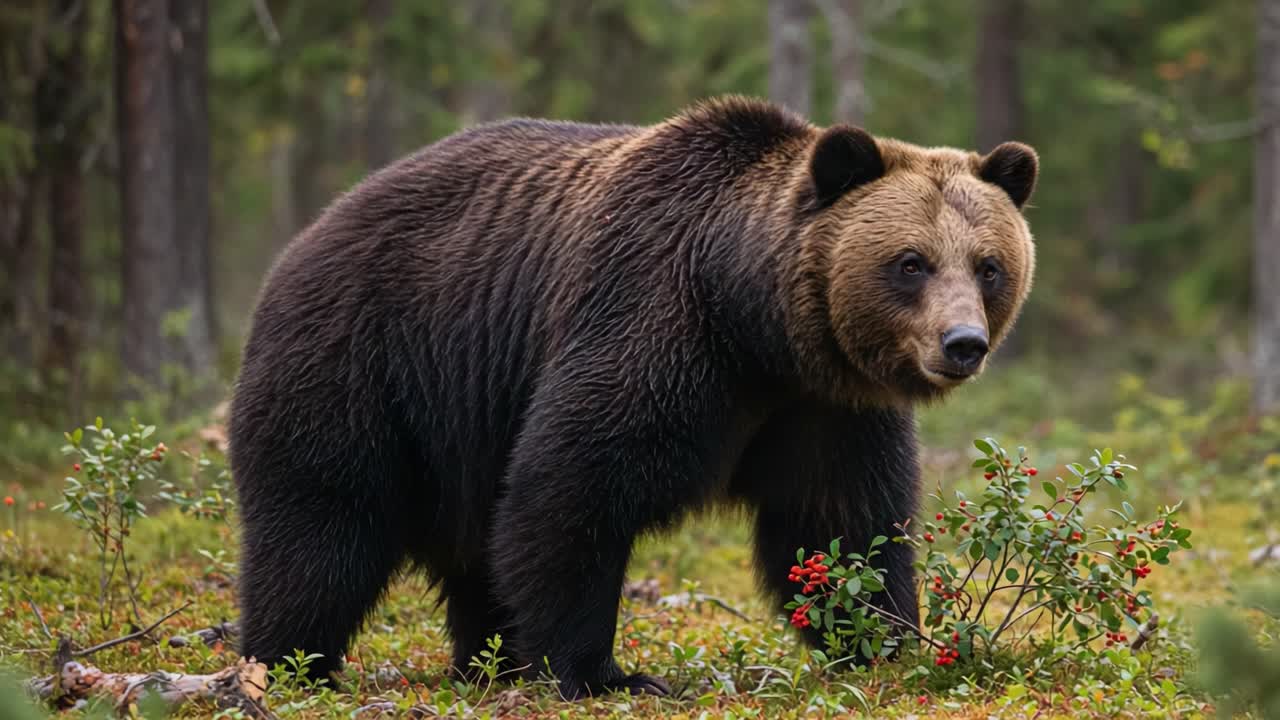 Majestic Grizzly Bear in Natural Habitat, Foraging amongst Wild Berries in Lush Green Forest Setting, Captivating Wildlife Scene Radiating Natural Beauty