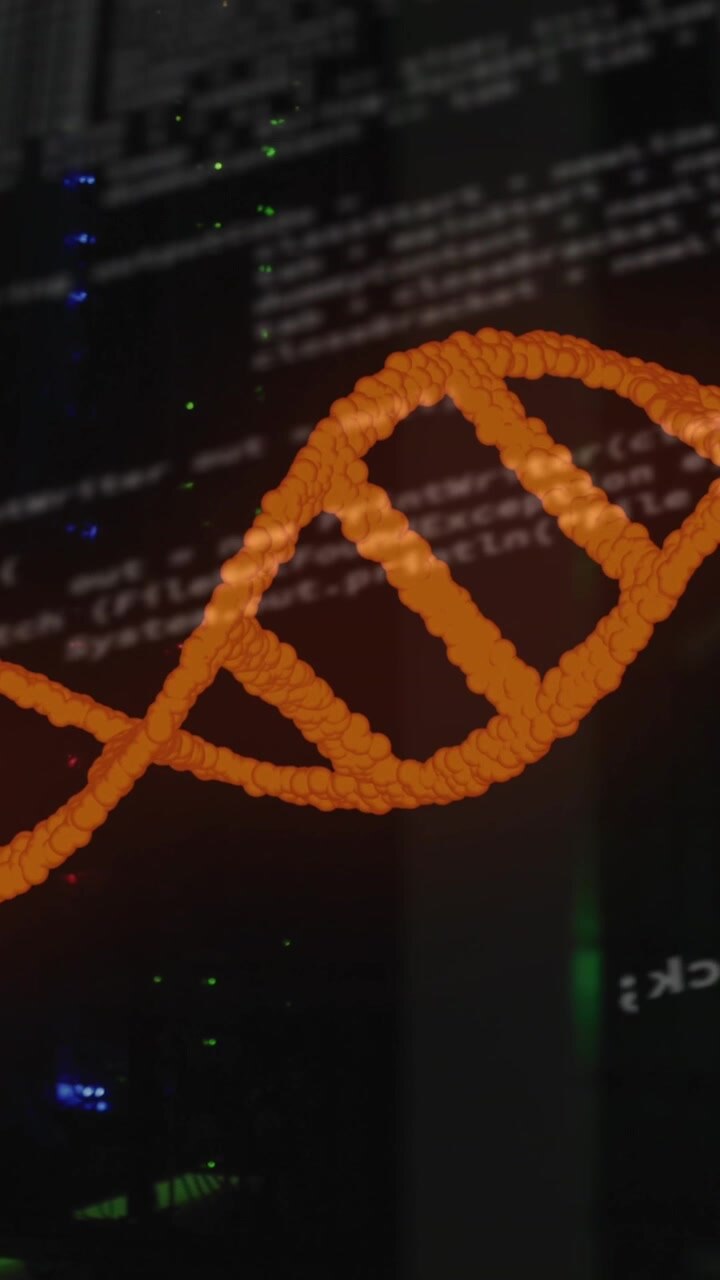 Animation of data processing and dna strand over server room