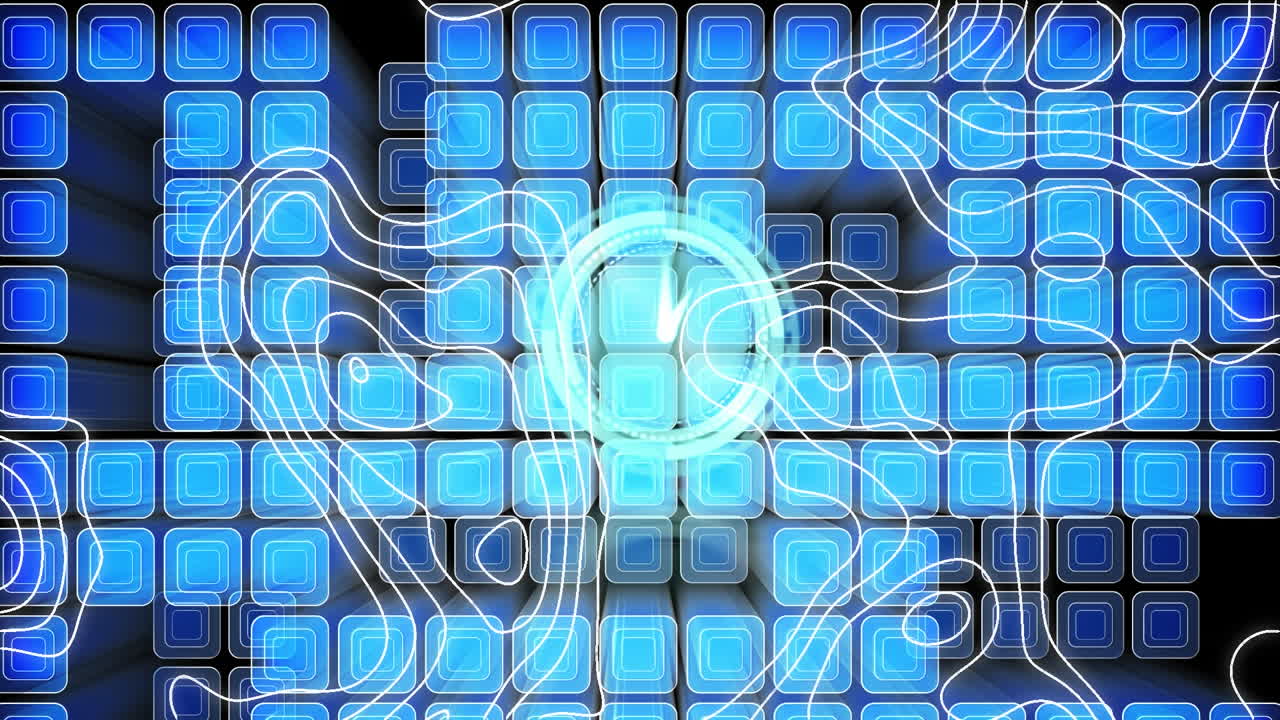 animación de reloj en movimiento y líneas blancas sobre cuadrados azules sobre fondo negro