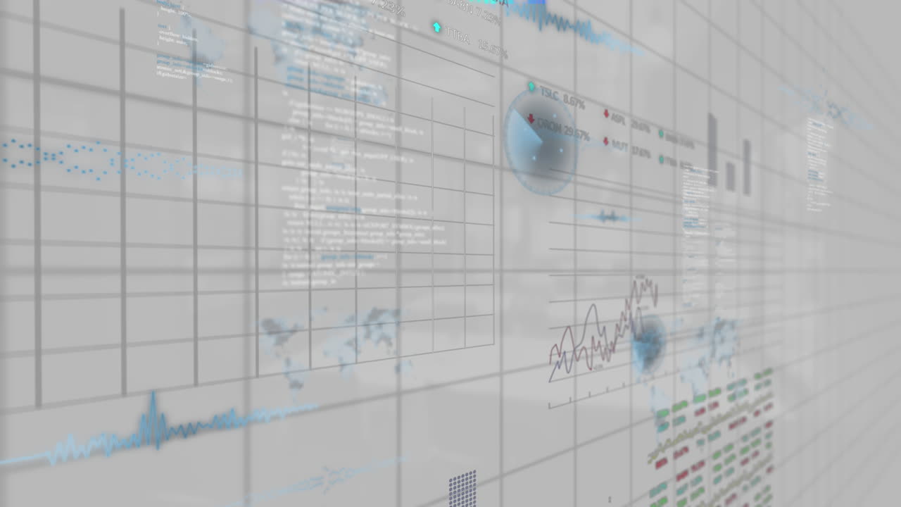 Animation of statistical and stock market data processing over grid network against grey background