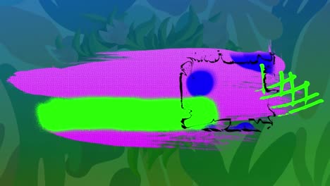 animación de manchas rosadas, verdes y azules sobre un fondo floral verde
