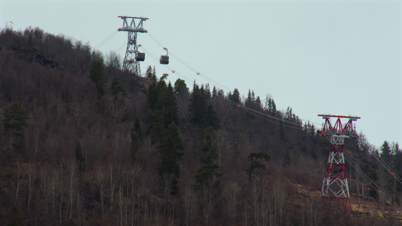 Extra wide Shot of the voss Gondolas passing each other near the Summit