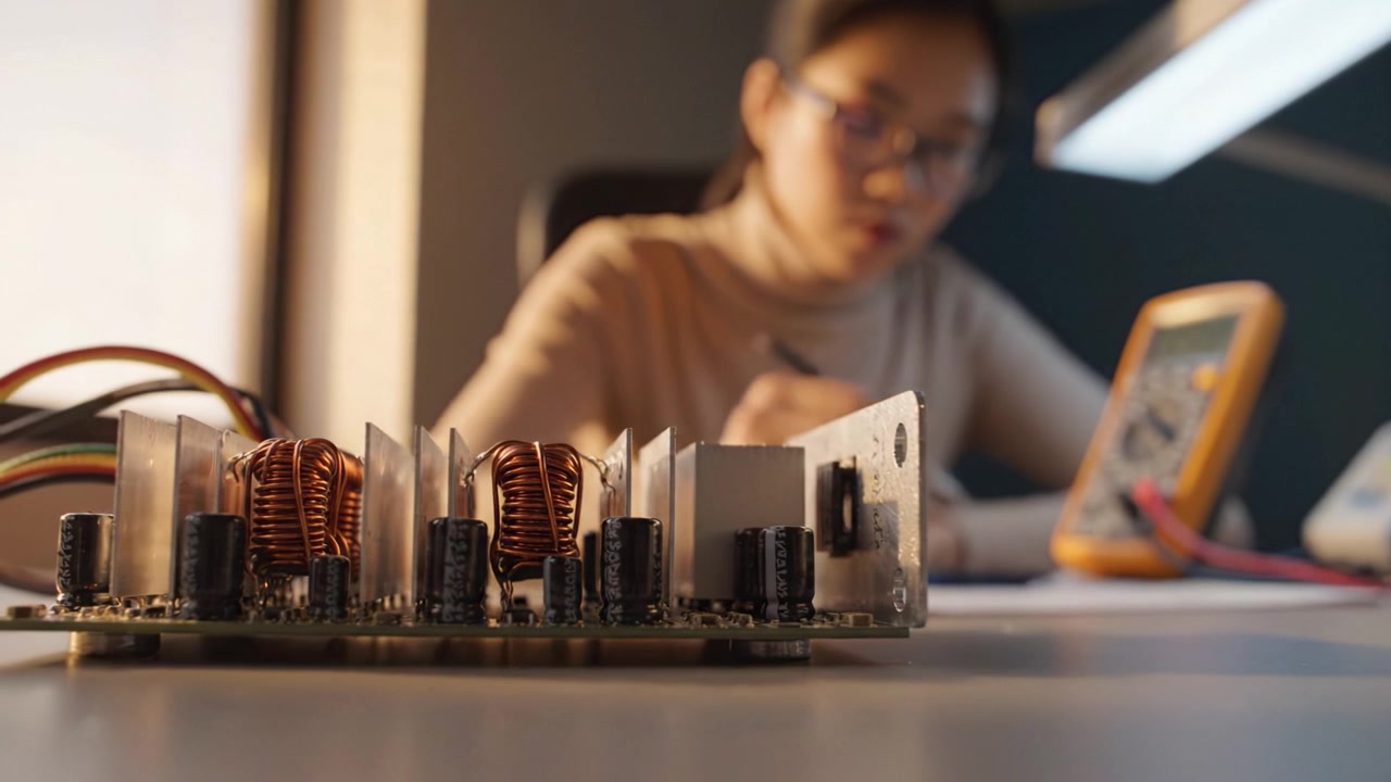 Analyzing Electronic Components and Circuitry: Focused Engineer Working on PCB with Copper Coils in a Dimly Lit Workspace Using a Multimeter for Testing