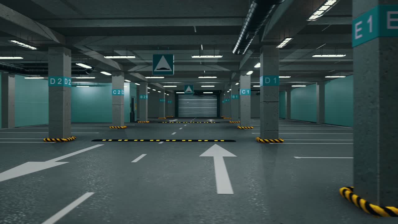 Underground parking without cars. Modern underground parking. Indoor full modern parking. Underground Parking Garage Scene