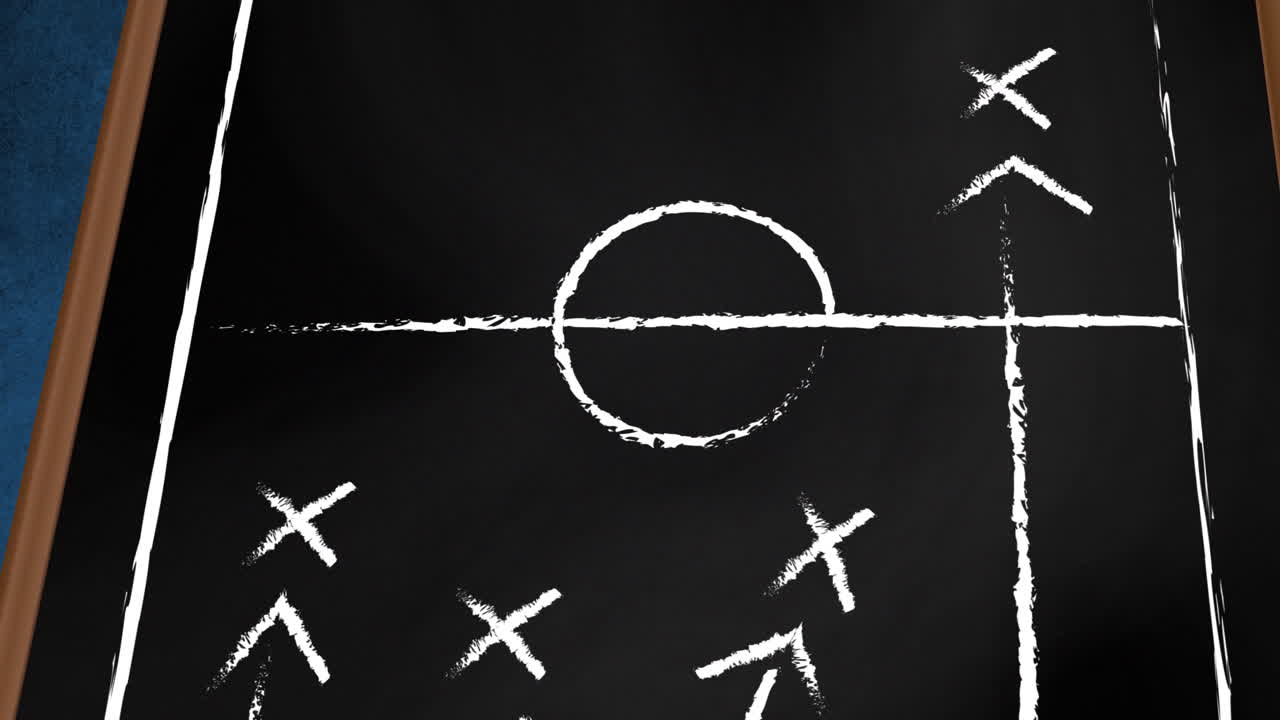 Chalkboard football strategy animation with arrows and crosses over black background