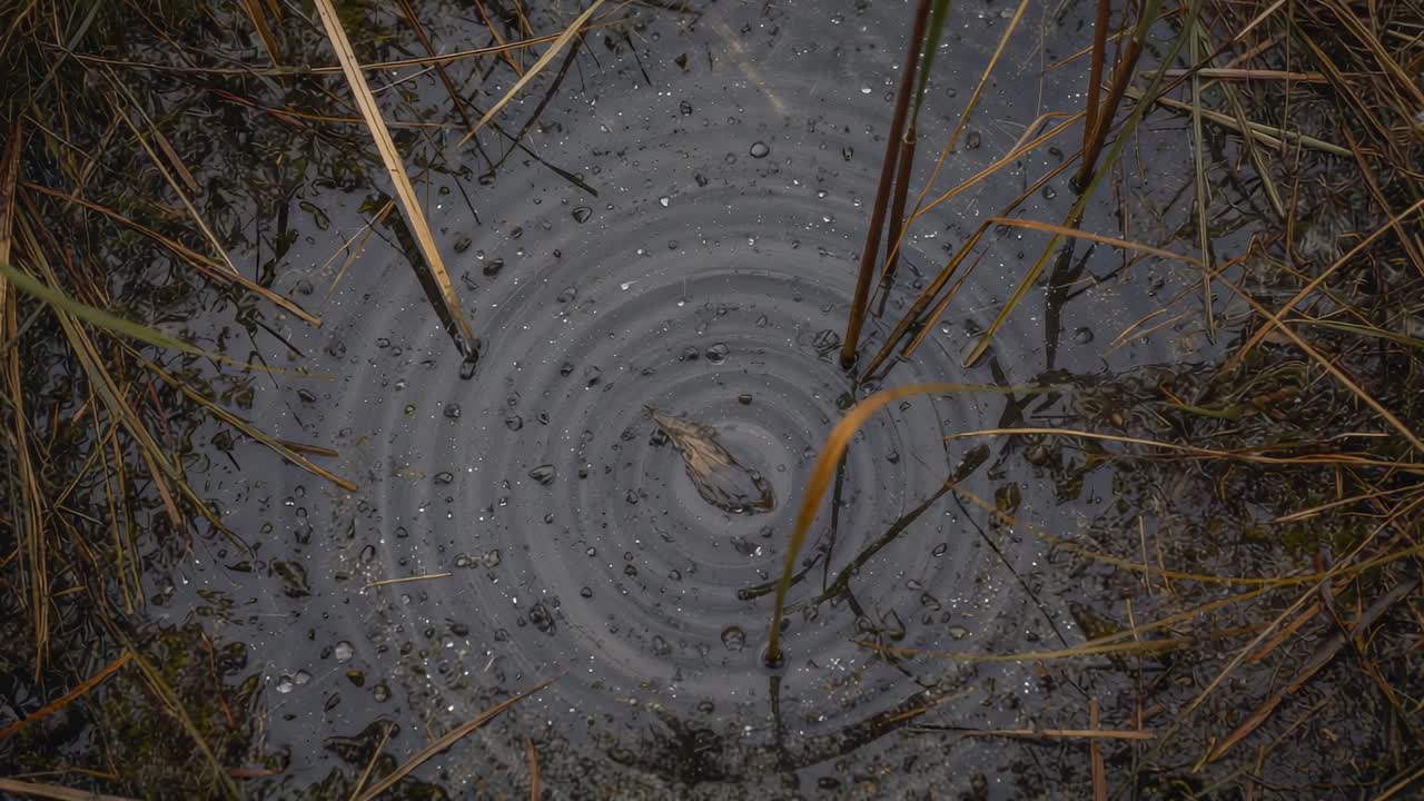 Rippling shallow pooled water creating concentric rings around floating debris in wetland from rain