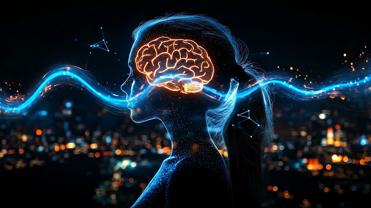Abstract brain with glowing energy flow. A glowing digital brain inside a human silhouette with energy waves flowing through it