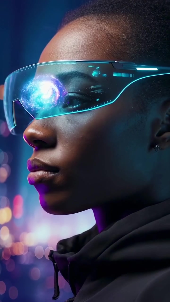 Young Woman Wearing Futuristic Augmented Reality Glasses with Digital Interface