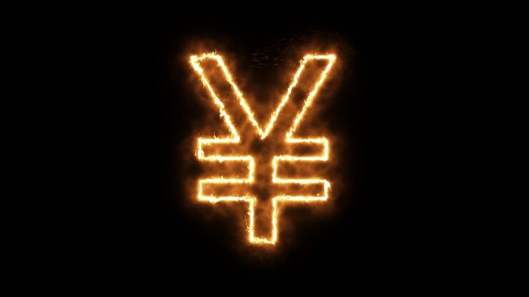 Yen symbol of burning flame. Japanese yen symbol made from fire flame. Flaming burn font or bonfire alphabet text with sizzling fiery shining heat effect. 3D rendering.