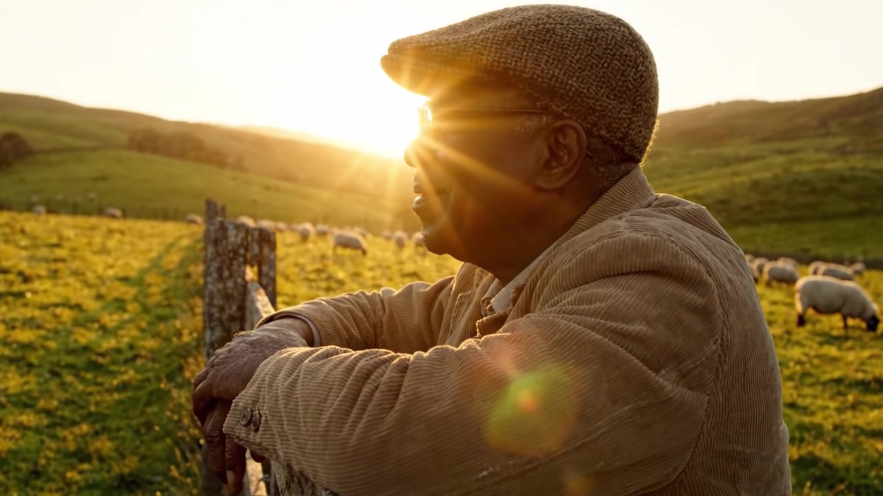 Un moment contemplatif au coucher du soleil, présentant un homme âgé pensif appréciant la beauté sereine d'un paysage pastoral rempli de moutons, évoquant le calme et la réflexion.