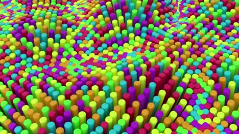 abstract multicolored rainbow colorful background with cylinders. ceramic round tiles. geometry pattern. random cells. polygonal glossy surface. futuristic abstraction.seamless loop 3d animation of 4k