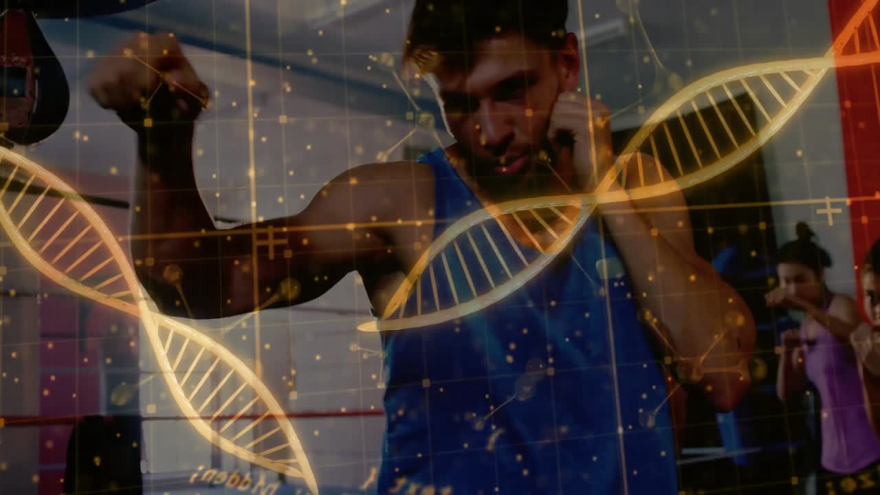 Pugile maschio che colpisce il sacco all'interno di un ring di pugilato, con elica del DNA e griglie che illustrano la scienza dello sport