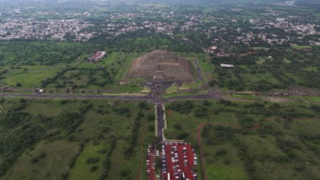 rainy day drone shot of pyramid of the sun in teotihuacan