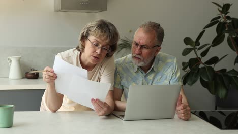 serious senior adult couple focused on paperwork at home office