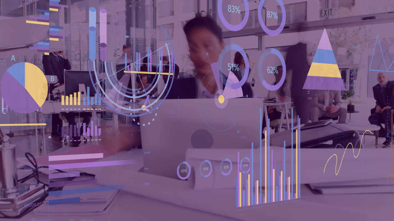Animation of financial data processing over biracial businesswoman