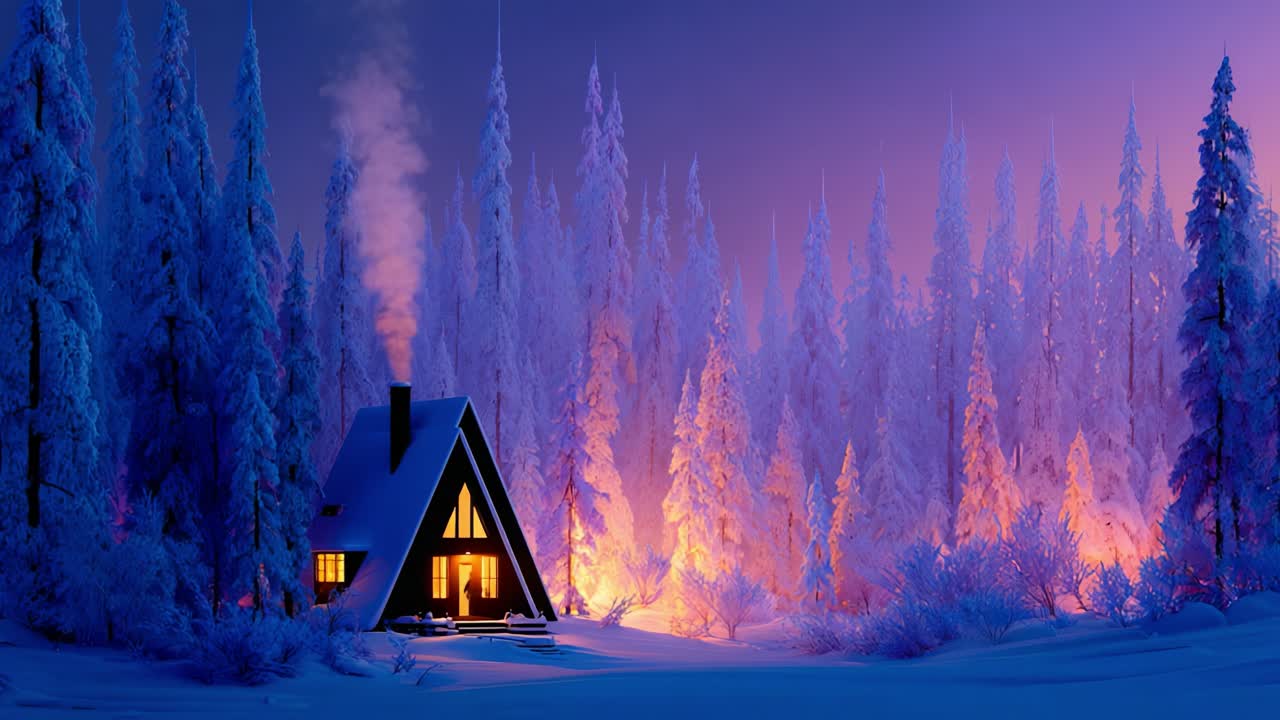 A serene winter scene features a cozy cabin enveloped in a snowy landscape, framed by tall, frosted trees glowing softly in twilight hues, creating a magical atmosphere of peace