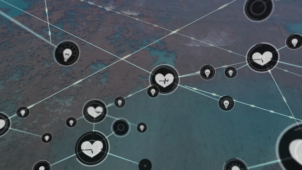 Animation of connected icons representing communication and data over aerial view