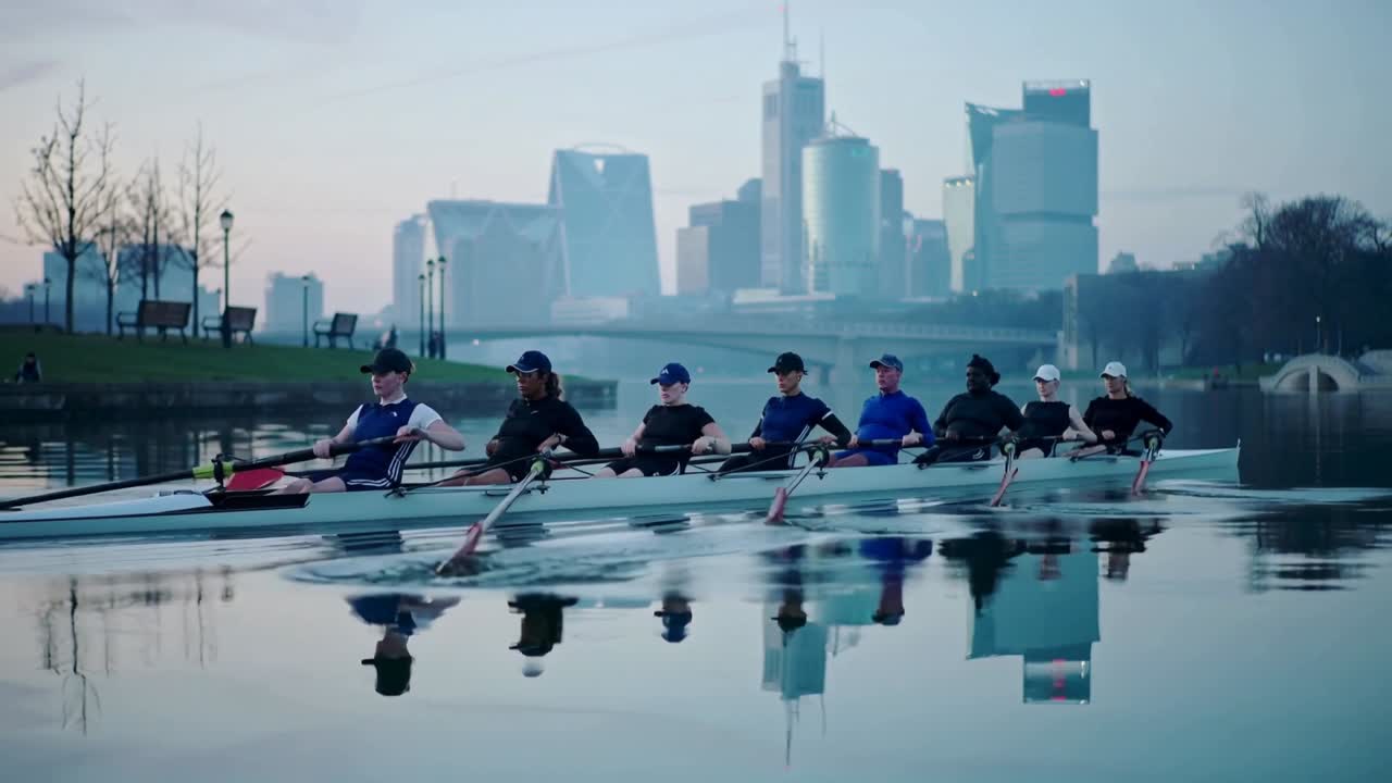 Rowing eight-person shell following coxswain call on river, driving oars, training in rowing kit