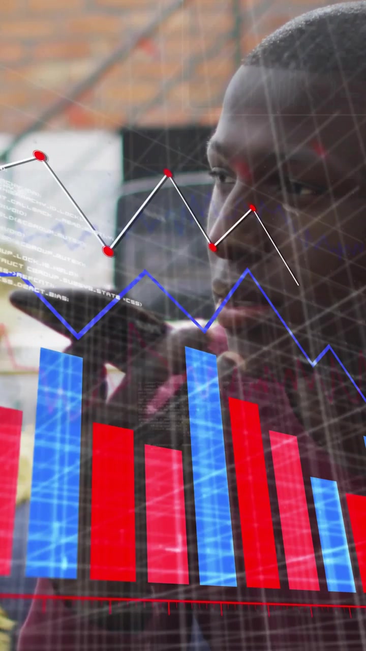 Vertical video: Man speaking into phone outdoors projecting animated market bars and graphs for ROI