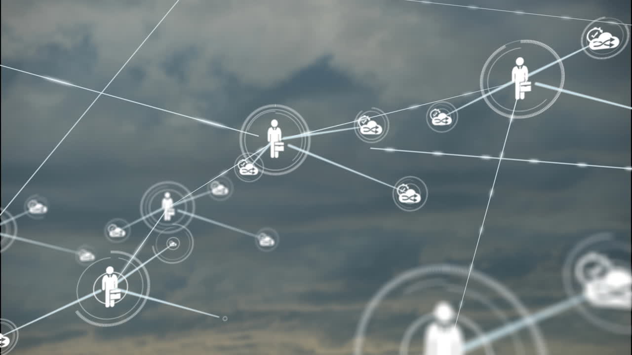 animación de la red de iconos de perfil contra las nubes en el cielo azul