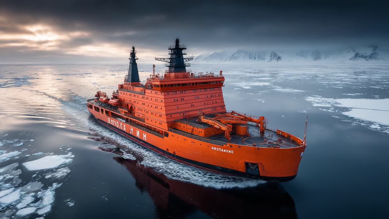 Powerful Icebreaker Ship Navigating Through Icy Waters: A Majestic Sight of Industrial Strength and Adventure in the Polar Regions
