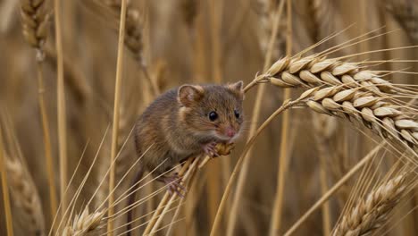 A small mammal cautiously navigates through golden wheat stalks, showcasing its delicate features and vibrant fur in a captivating display of nature's beauty