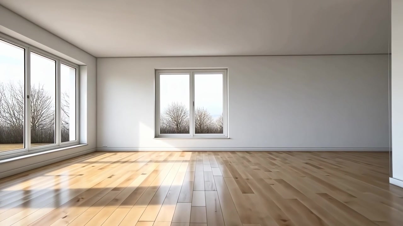 Camera vuota luminosa con pavimento di legno e grandi finestre