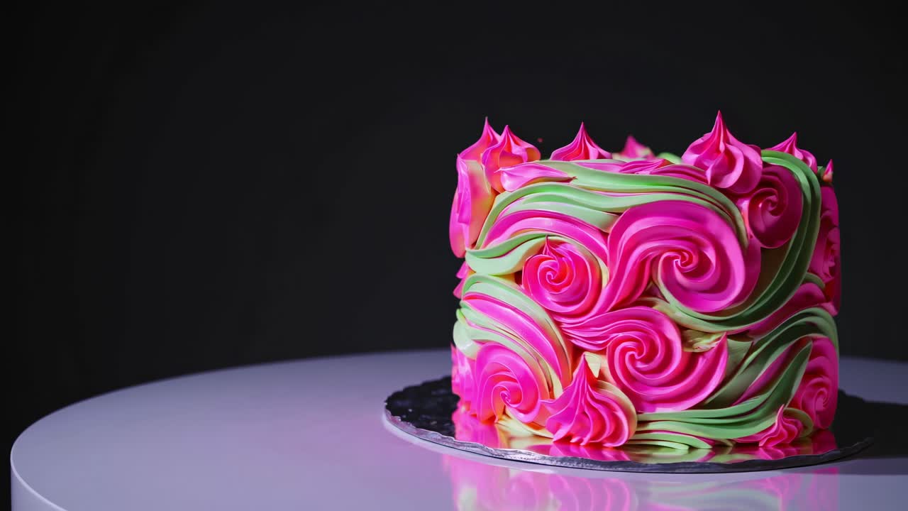 pastel de neón vibrante que pasa gradualmente de verde a rosa. girando suavemente en una superficie blanca prístina contra un telón de fondo minimalista oscuro. mostrando el arte culinario y el atractivo visual que cambia de color