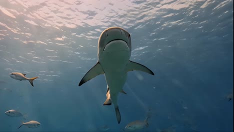 impressive view of a shark swimming upwards towards the ocean surface.