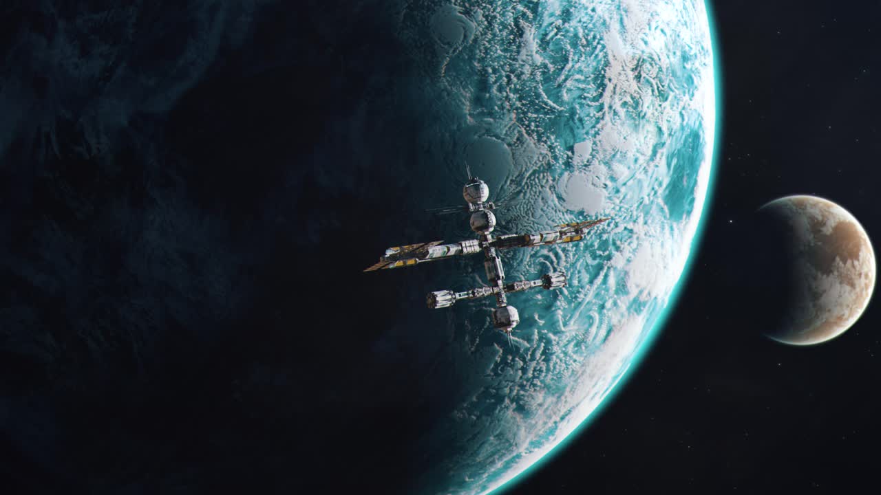 estación espacial futurista que orbita un exoplaneta helado