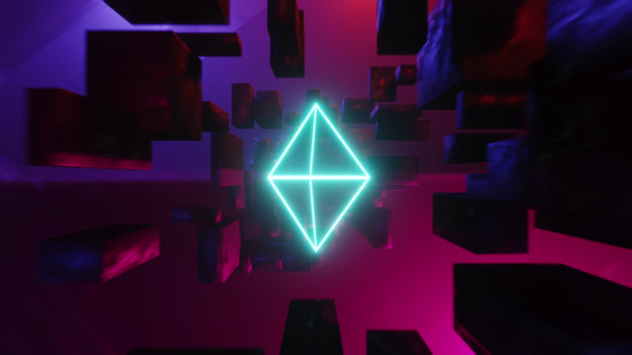 Cube space light disco or scientific futuristic abstract looping background. With rotating triangle in the middle.