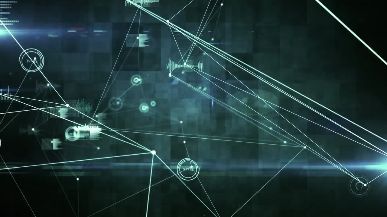 Animation of network of connections with data processing on blue background