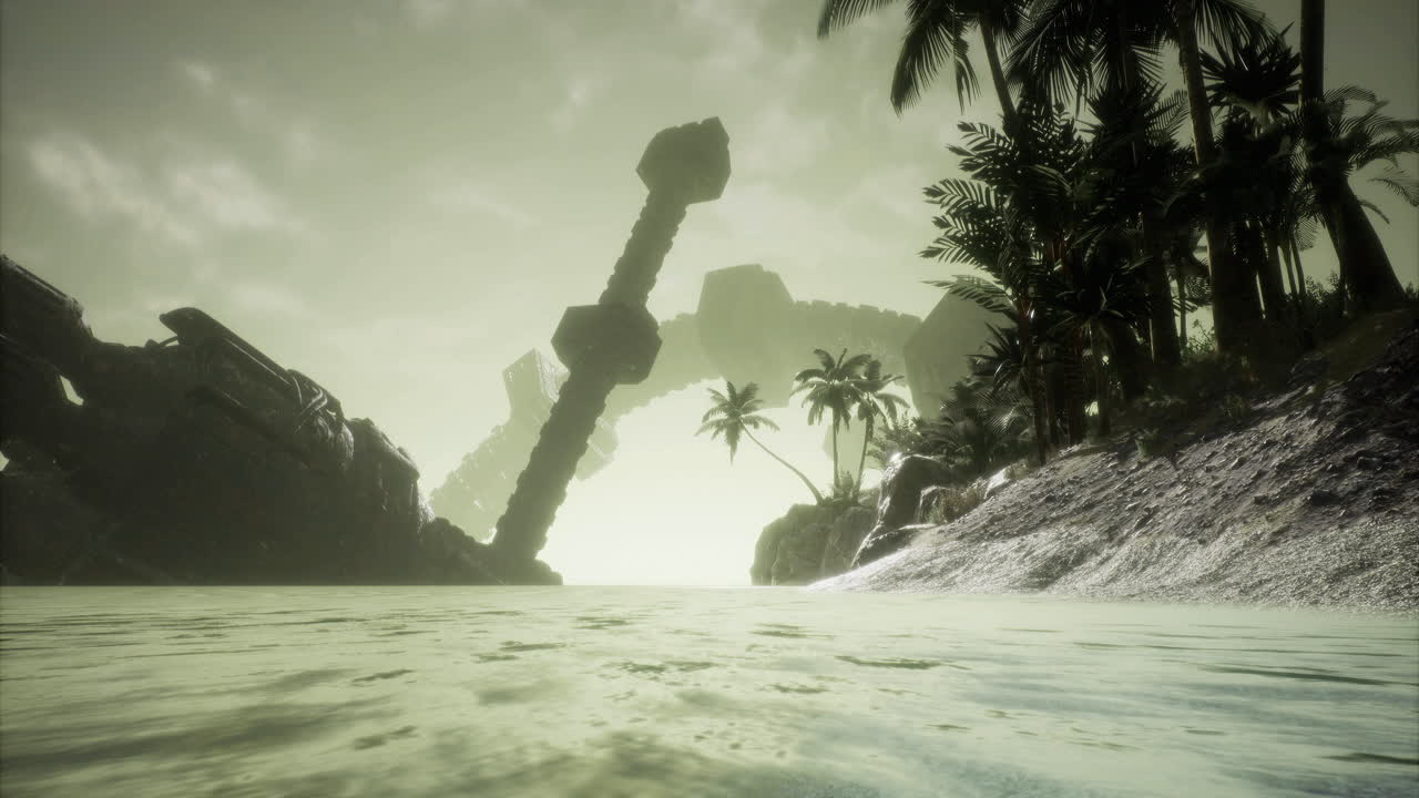 Mysterious alien ship emerges from the mist near a tropical landscape