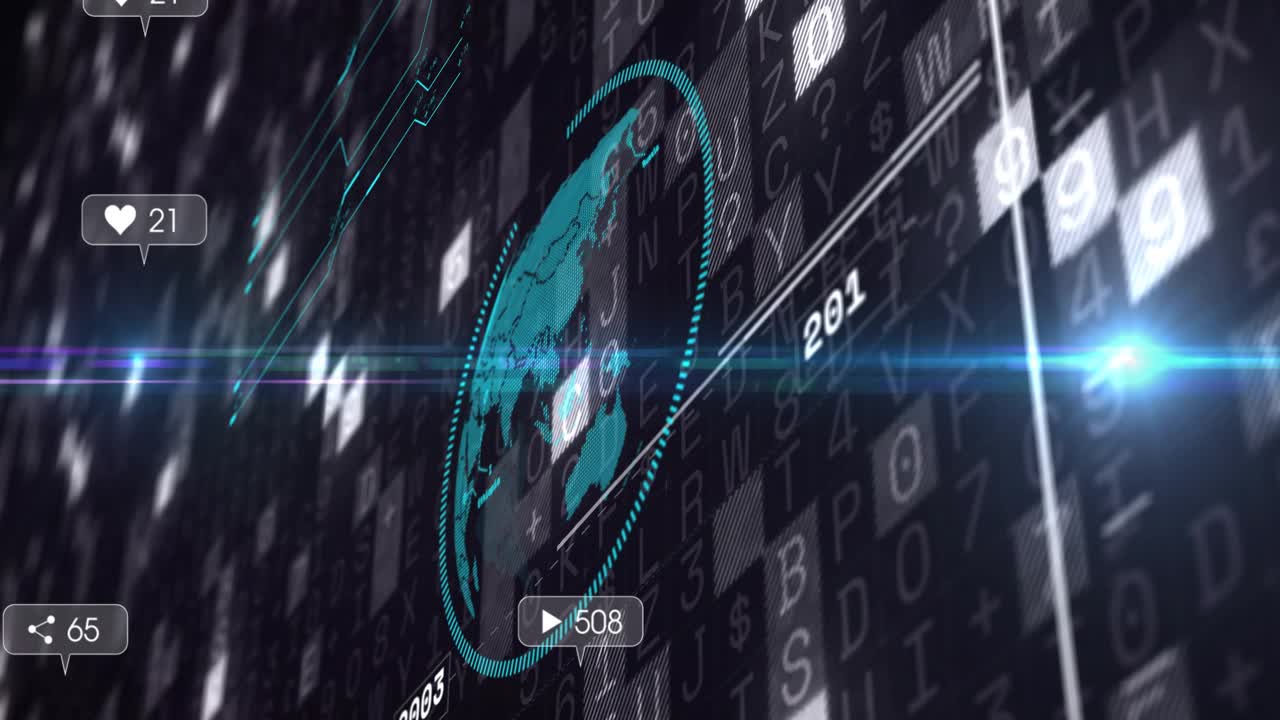 Scrolling grid and flare starting teal globe rotating while badges popping, showing global metrics