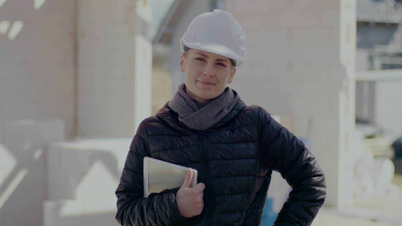 Portrait of confident young female engineer wearing hardhat holding digital tablet standing at construction site