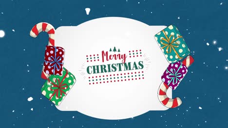 animation of christmas greetings text, decorations and snow falling on blue background