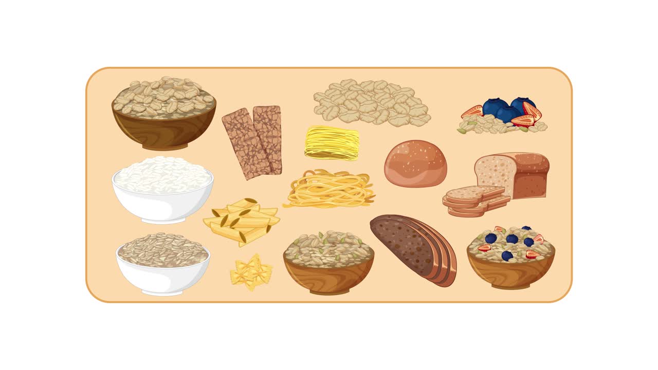 Various carbohydrate foods appear and arrange smoothly on a neutral background, flat vector style