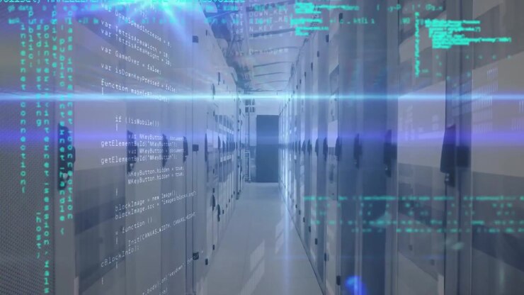 Digital Data Streams Overlaid on Modern Server Room Infrastructure