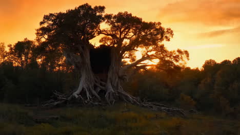 ancient tree silhouette against a vibrant sunset