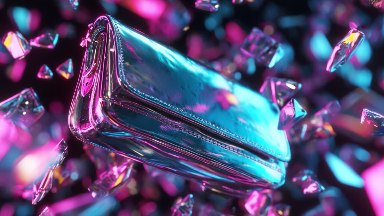Un impresionante bolso metálico que brilla entre vibrantes cristales, capturando la luz con coloridos reflejos en un fondo dinámico y futurista, perfecto tanto para amantes de la moda como para entusiastas del estilo.