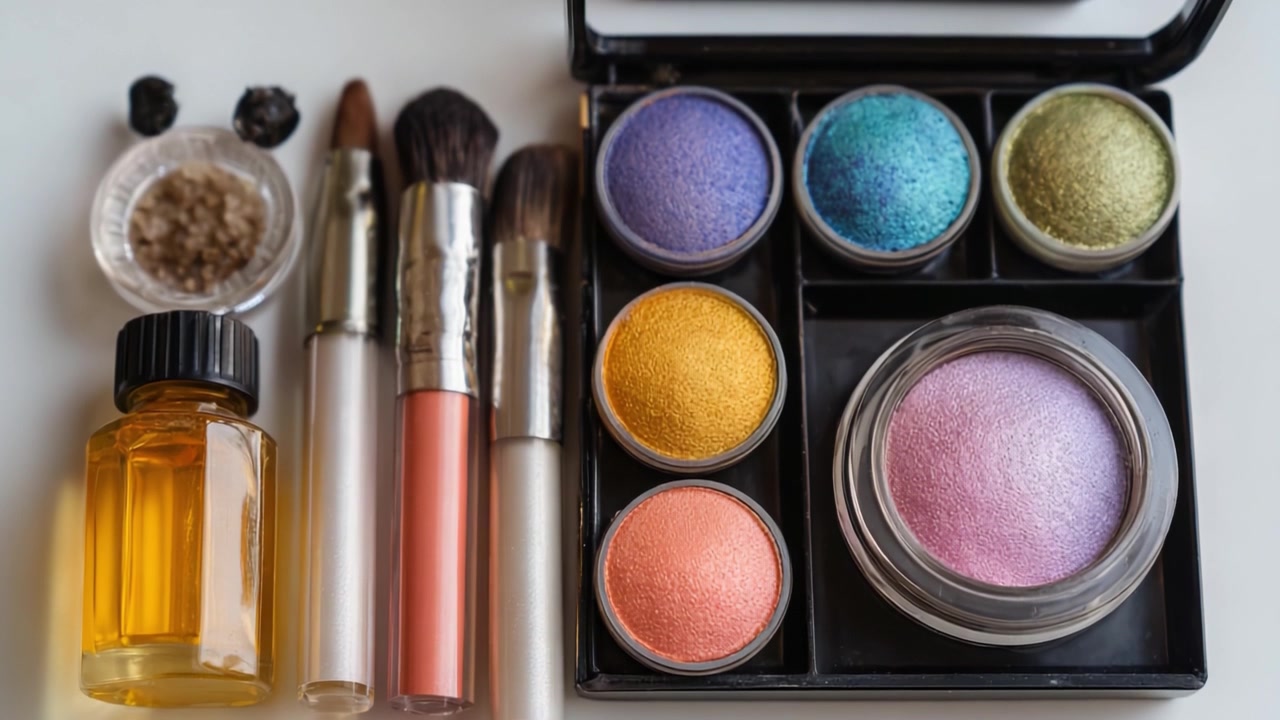 A Vibrant Collection of Cosmetics Showcasing Brushes, Eye Shadows, and Beauty Products Perfect for Creating Stunning Makeup Looks