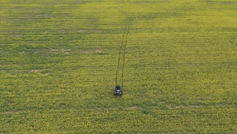 agricultor revisando campos de mostaza en quad, saskatchewan, canadá, disparo de seguimiento de drones