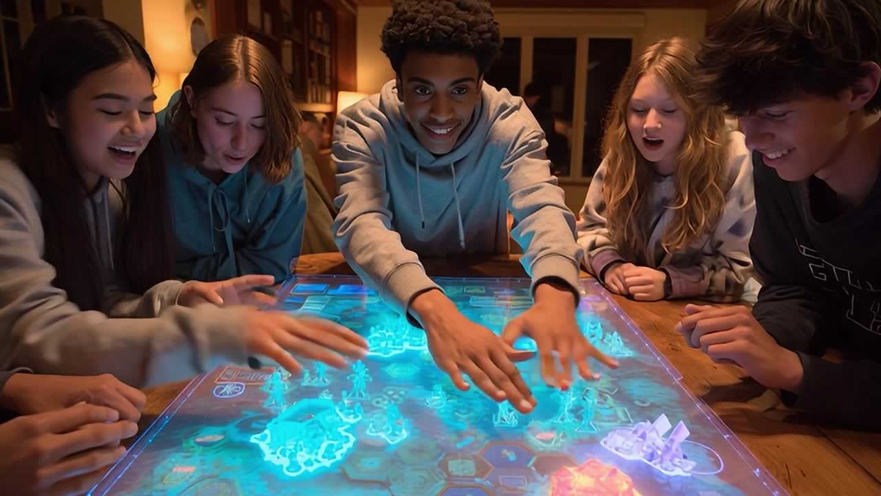 Friends enjoy a board game night around a glowing table