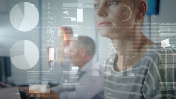 Animation of financial data processing over diverse business people using computers
