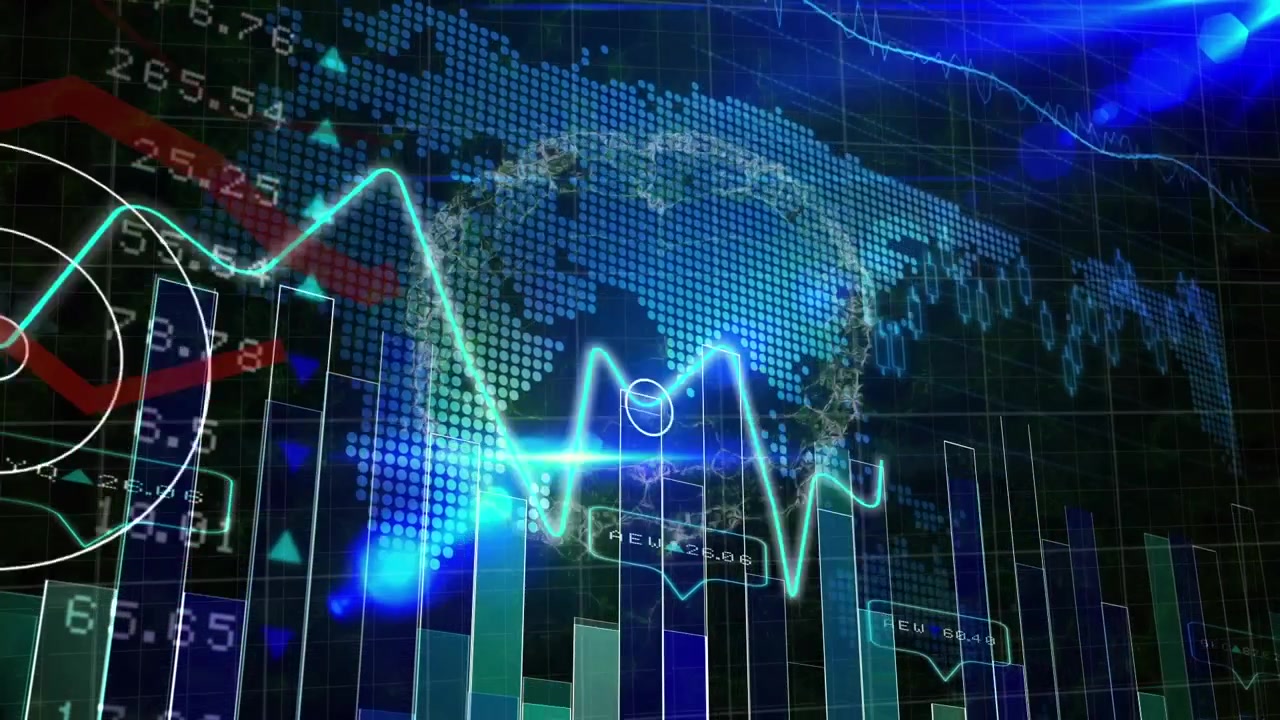 Animação de processamento de dados e formas em plano de fundo preto