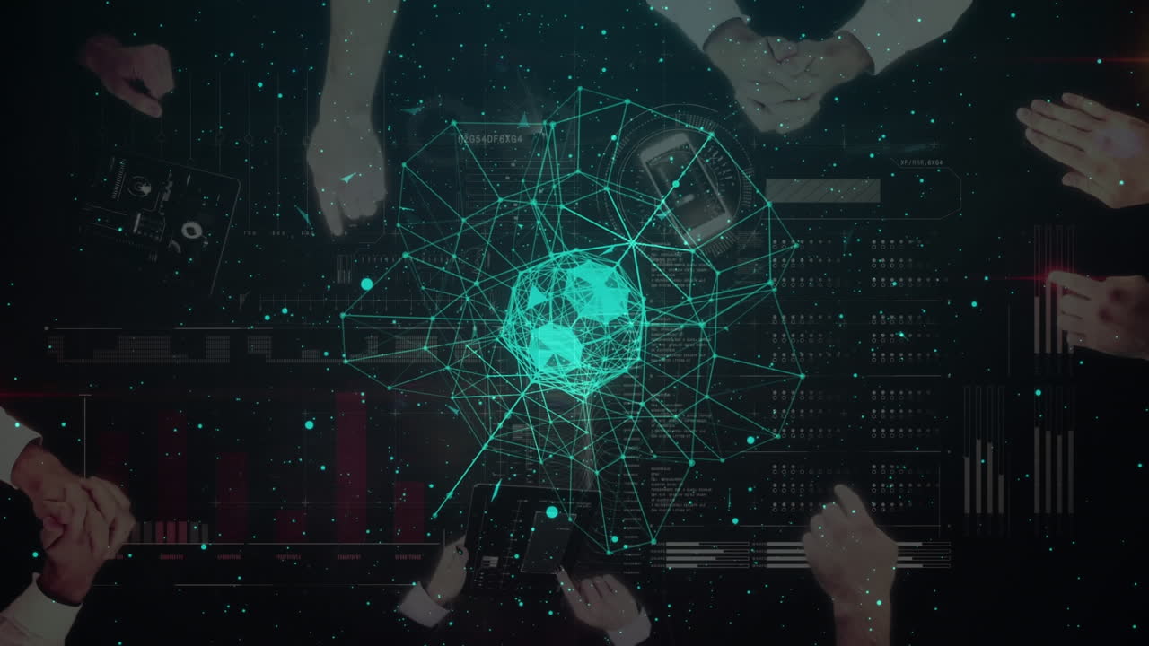 연결망의 세계가 회전하는 상공을 향해 회의에서 사업가들의 시야를 바라보고 있습니다.