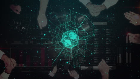 globe of network of connections spinning against overhead view of business people in meeting