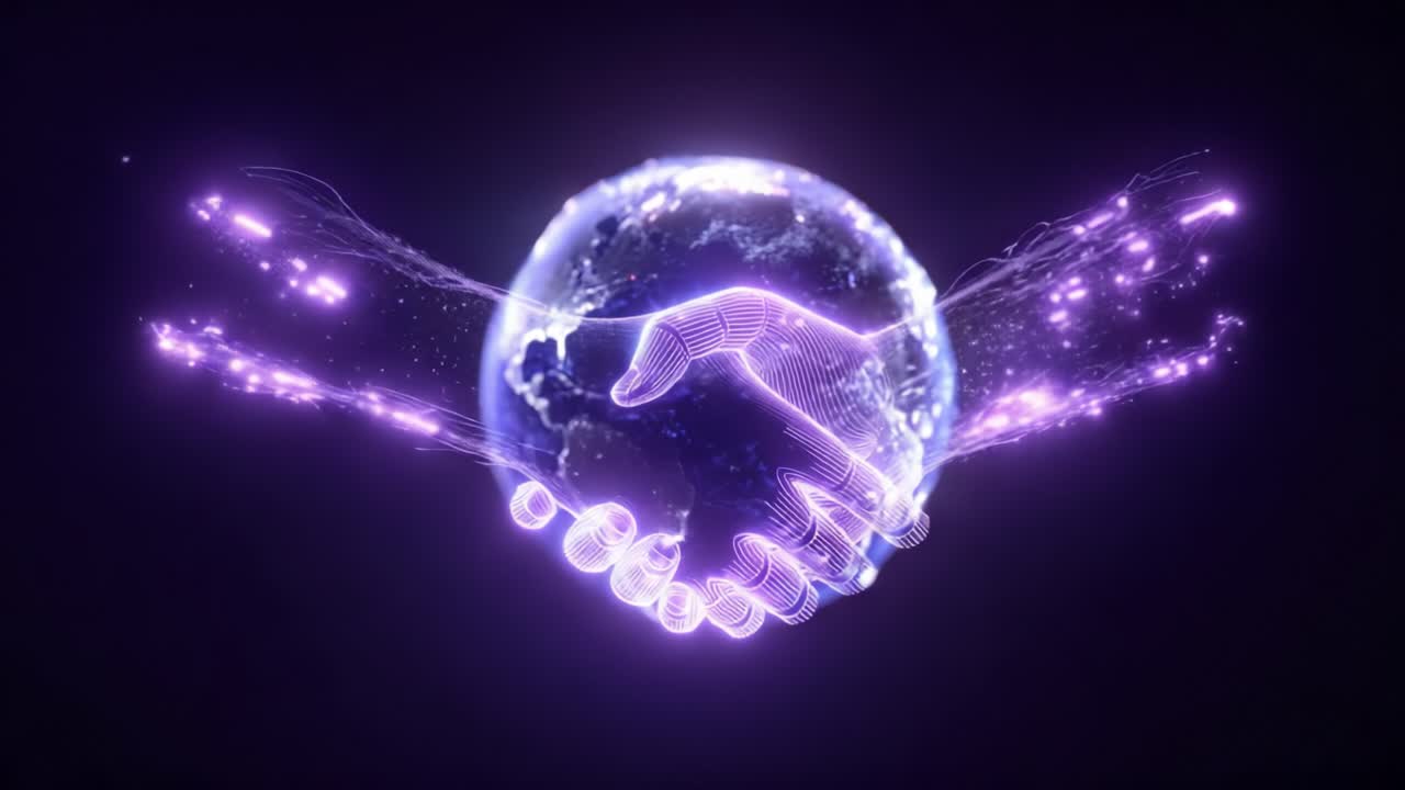 A mesmerizing visual representation of unity and connection, showcasing two holographic hands clasping a glowing, ethereal globe, symbolizing global collaboration and innovation in a digital realm