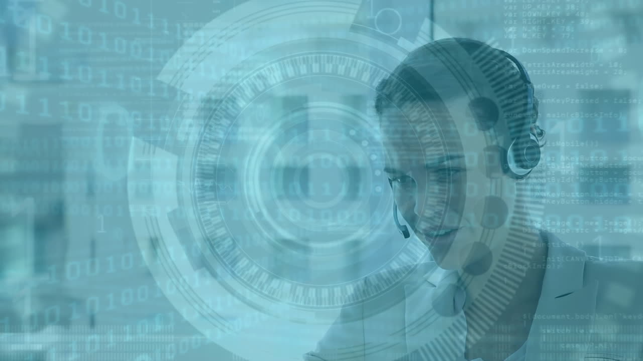 Animation of Caucasian woman wearing headset over statistics and data